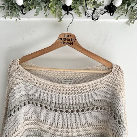 Boston Proper Striped Open Crochet Knit Boat Neck Sweater Brown/tan Gray Small - Picture 2 of 3